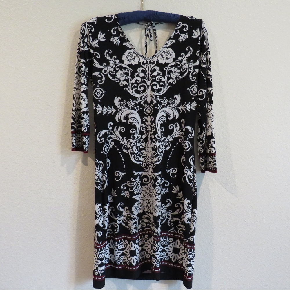 White House Black Market Black/White Print Tie-Back Drape Neck Dress SZ XS